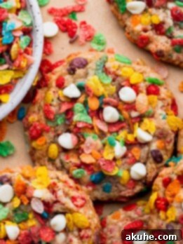 Fruity Pebbles Cookies 11 Fruity pebble cookies on parchment paper.
