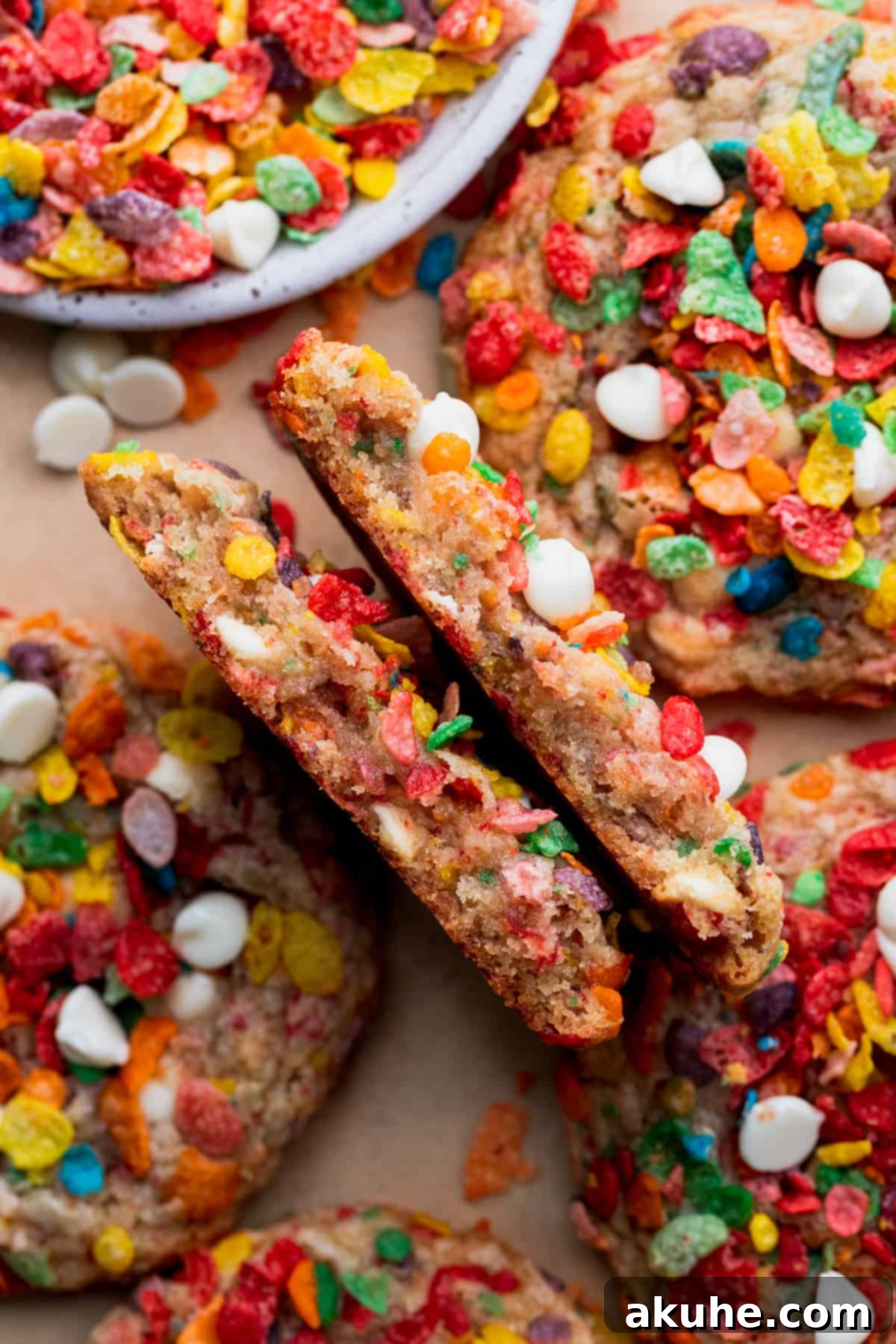 Fruity Pebbles Cookies 3 A perfectly baked Fruity Pebble cookie split in half, revealing its chewy interior and embedded white chocolate chips and cereal pieces.