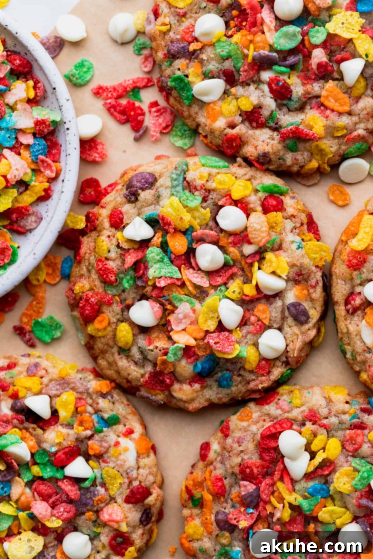 Fruity Pebbles Cookies 9 Freshly baked Fruity Pebble cookies cooling on a parchment paper-lined baking sheet, showcasing their vibrant appearance.