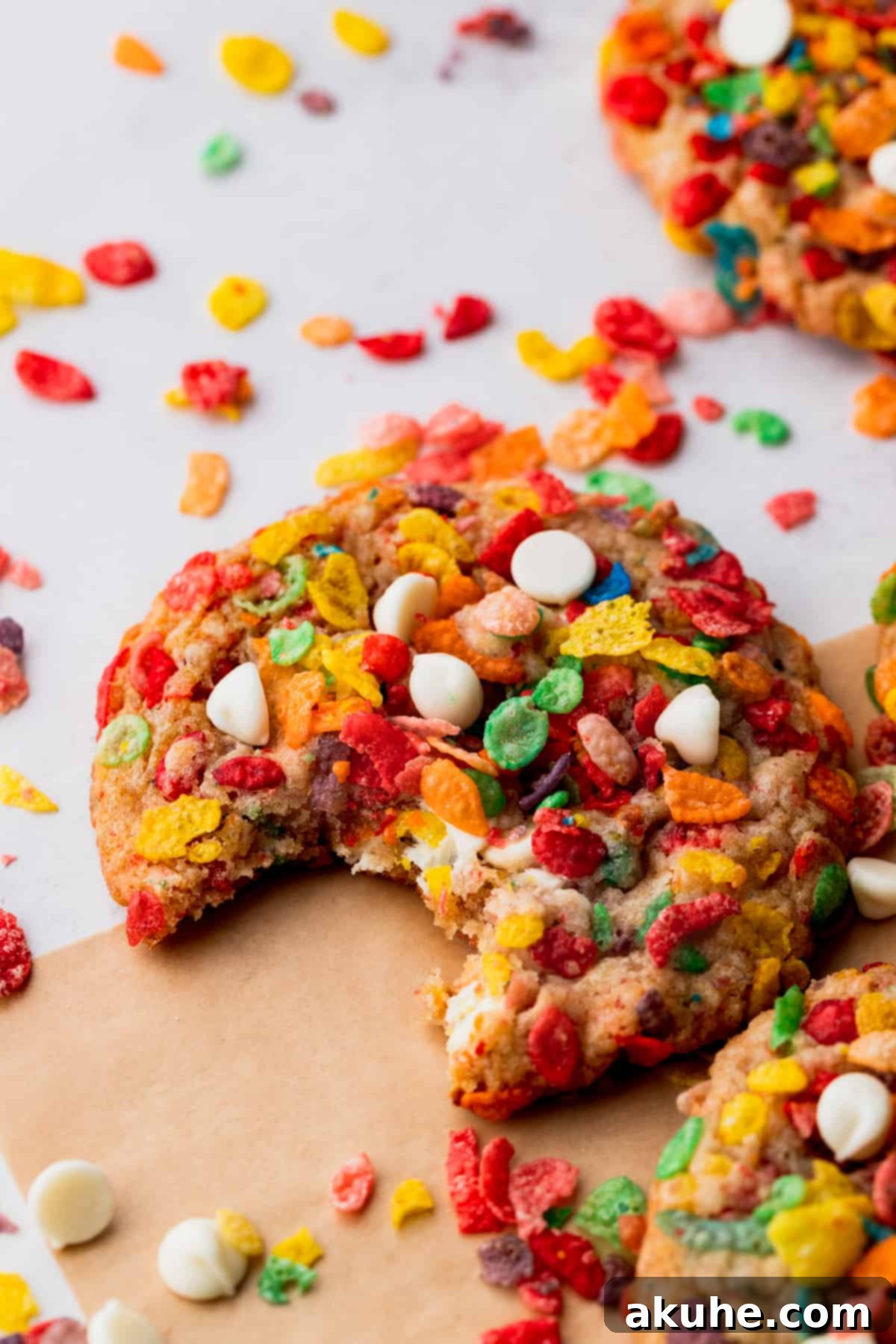 Fruity Pebbles Cookies 10 A freshly baked Fruity Pebble cookie with one bite taken, showing the soft interior and crispy exterior.
