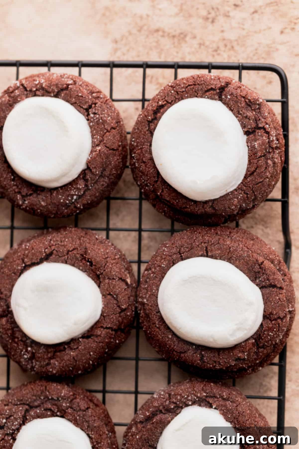 Warm Cocoa Blossom Cookies 8 Freshly baked Hot Cocoa Cookie Blossoms on a wire rack, topped with soft, warm marshmallows, waiting for their chocolate kisses.