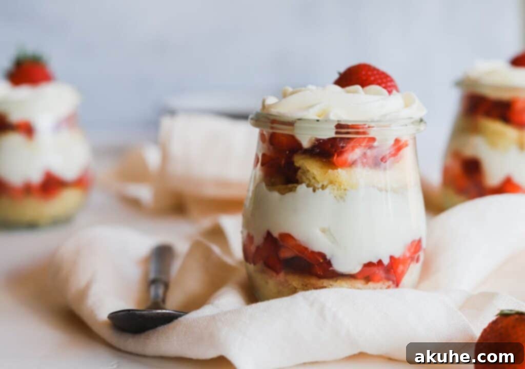 Effortless Strawberry Shortcake Delights 2 Easy strawberry shortcake trifles in a jar on a flowing napkin, highlighting fresh ingredients and elegant presentation.