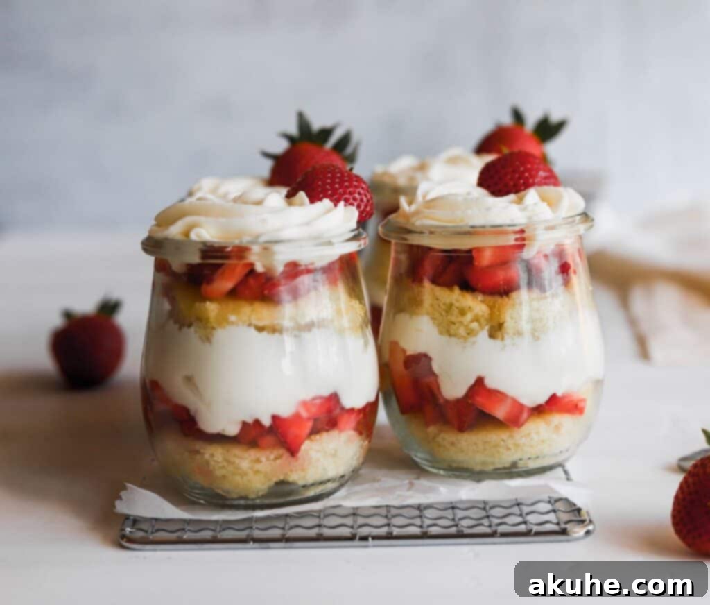 Effortless Strawberry Shortcake Delights 7 Easy strawberry shortcake trifles sitting on a cooling rack with distinct layers of cake, whipped cream cheese, and strawberries.