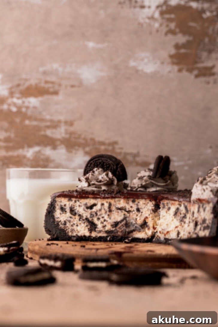 Ultimate Oreo Cheesecake 10 Side view of Oreo cheesecake.