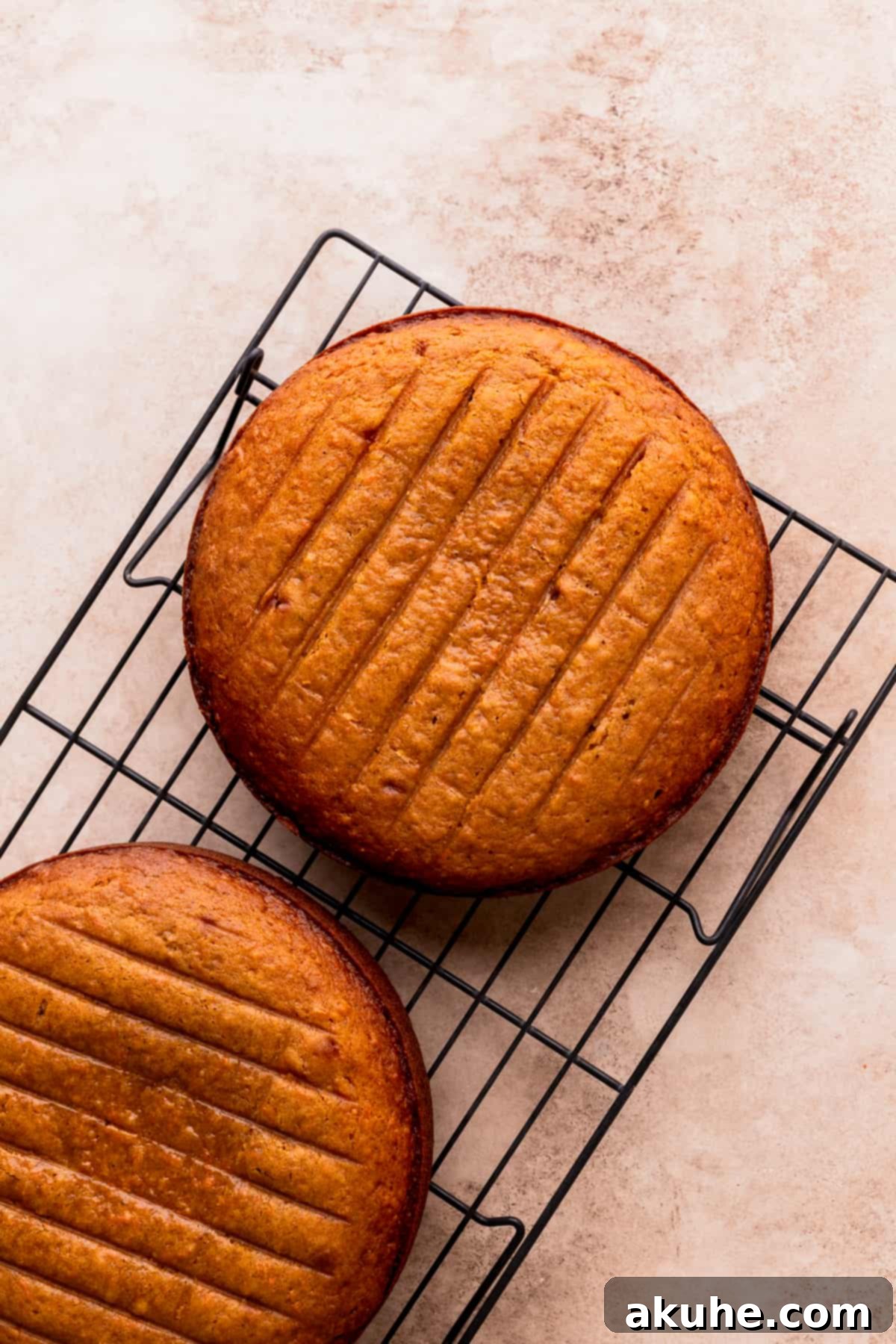 Baked cake layers cooling gracefully on a wire rack.