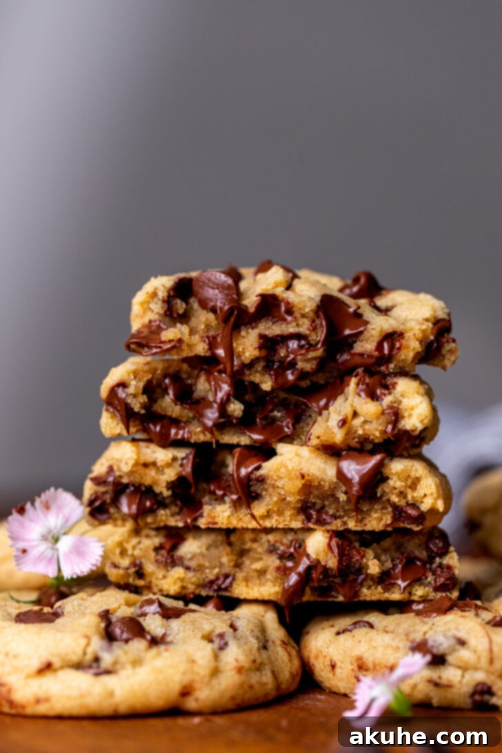 Golden Brown Butter Chocolate Chip Perfection 3 Stack of two brown butter chocolate chip cookies split in half.