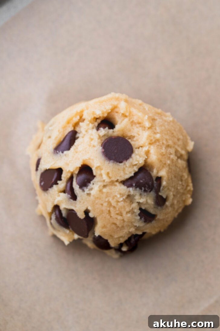 Golden Brown Butter Chocolate Chip Perfection 8 Cookie dough on parchment paper.