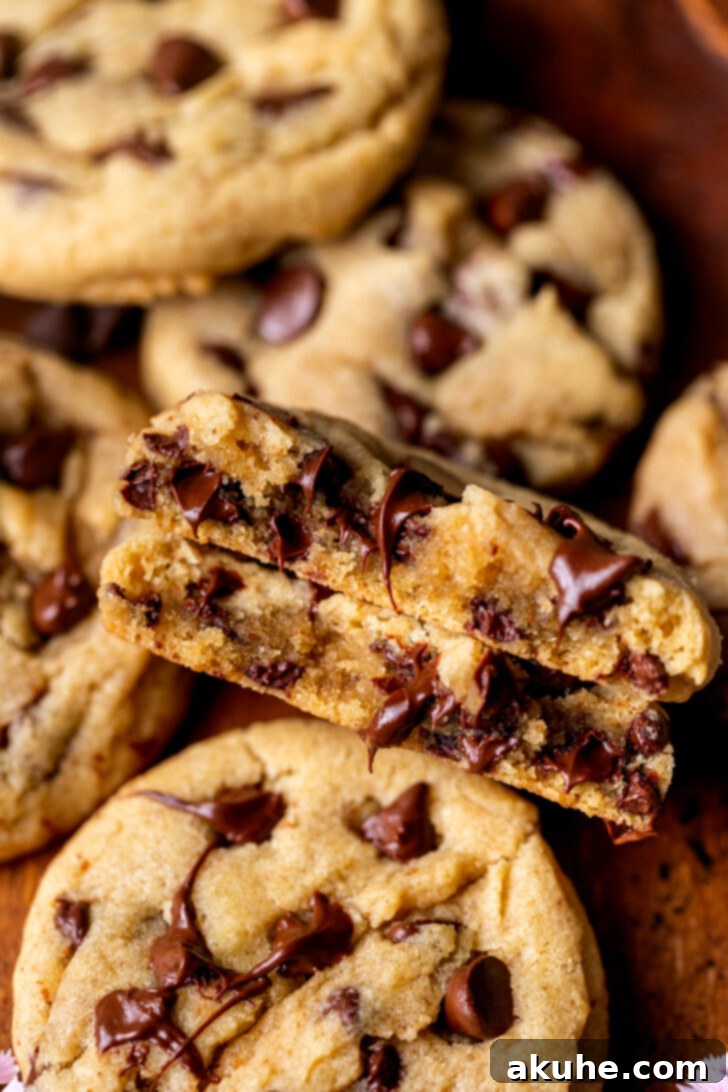 Golden Brown Butter Chocolate Chip Perfection 10 One cookie split in half.