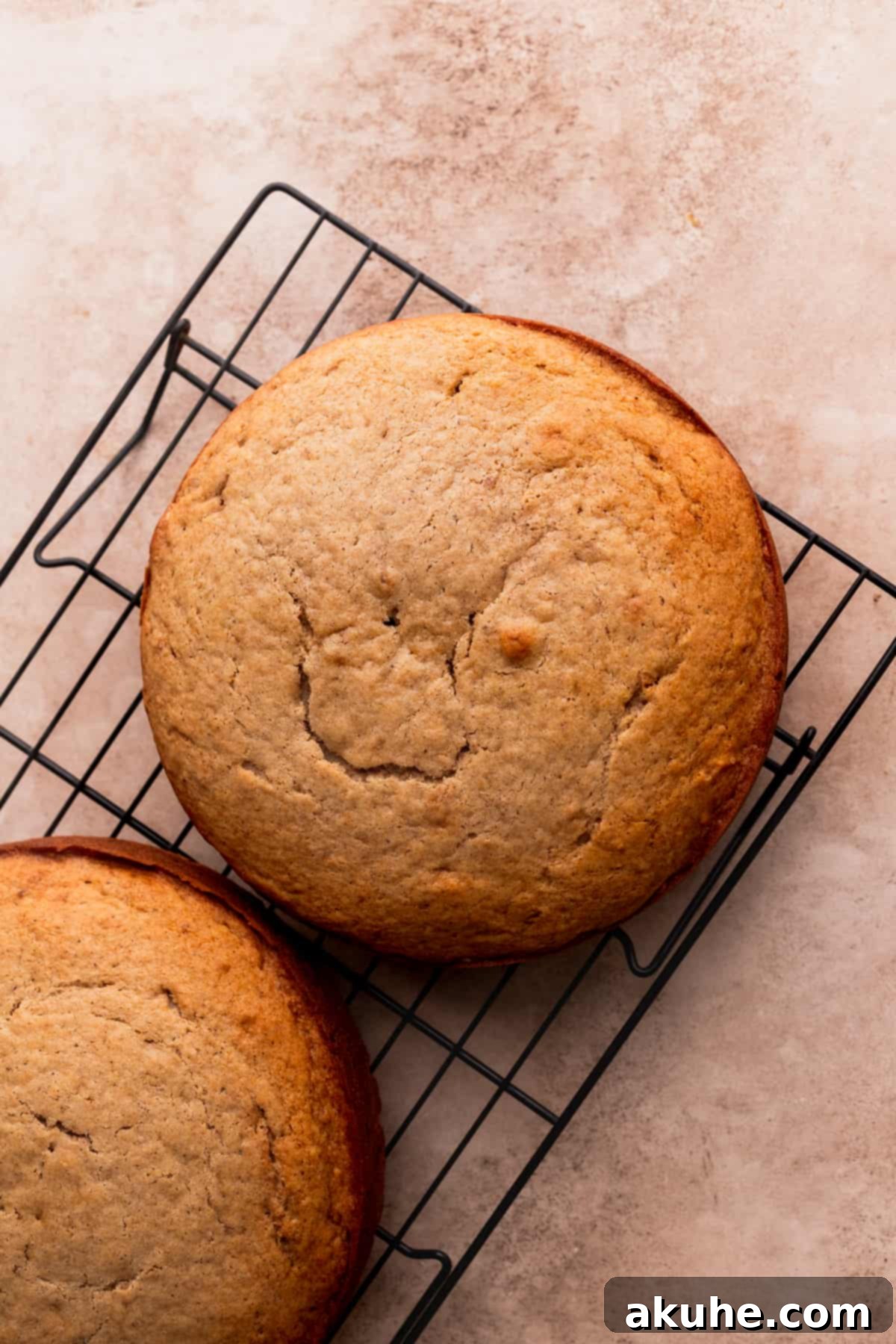Chai Spiced Cake 6 Two golden-brown cake layers cooling on a wire rack.