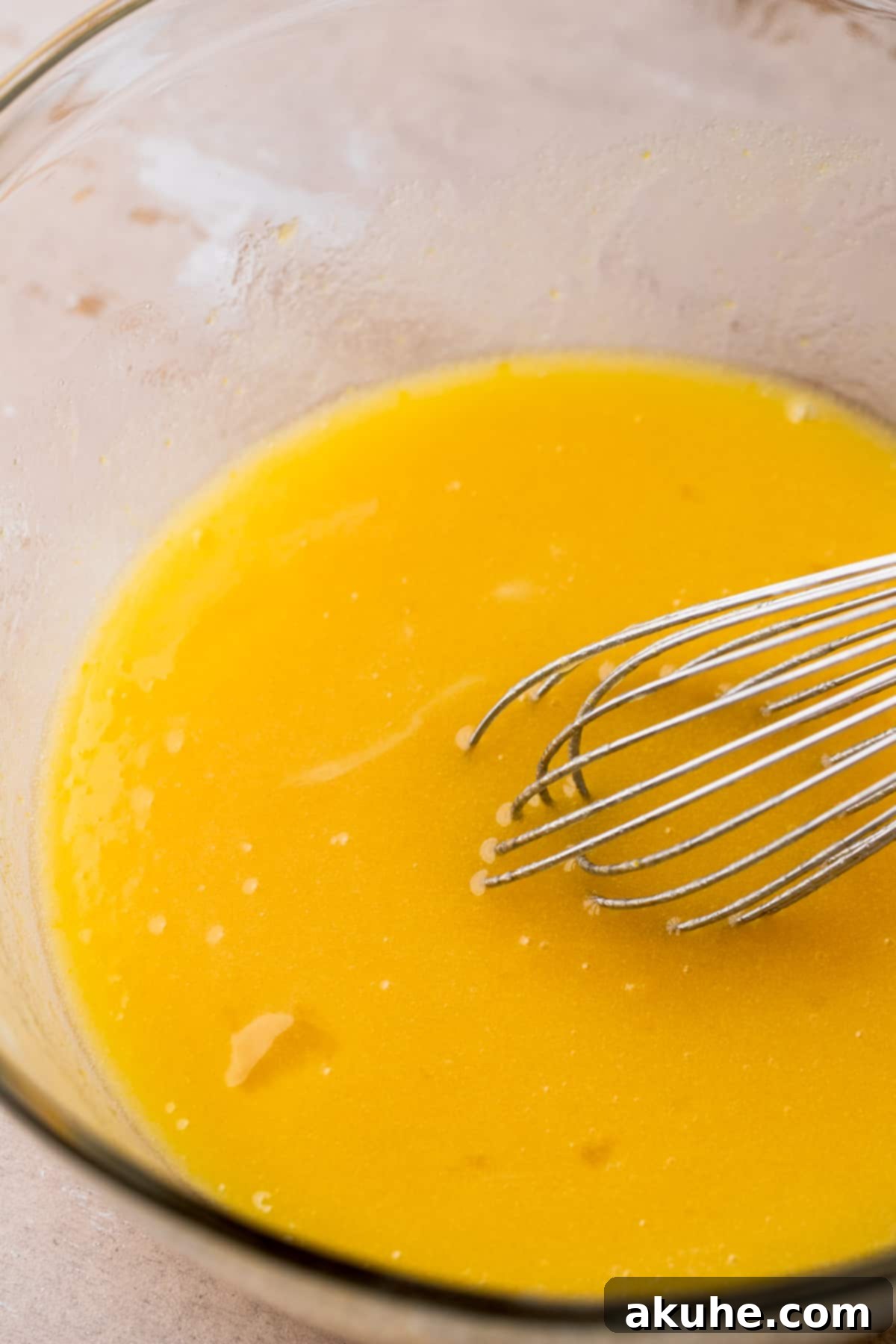 Wet ingredients (melted butter, sugar, vanilla, eggs) mixed smoothly in a bowl.
