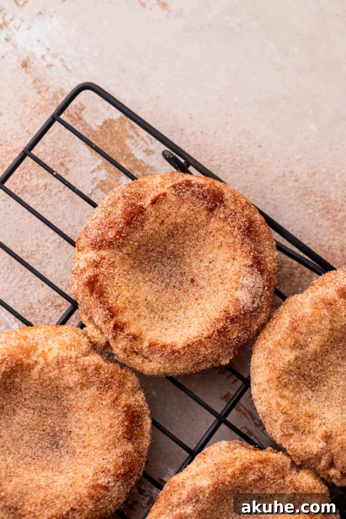 Baked snickerdoodle cookies freshly coated in cinnamon sugar, cooling on a wire rack.