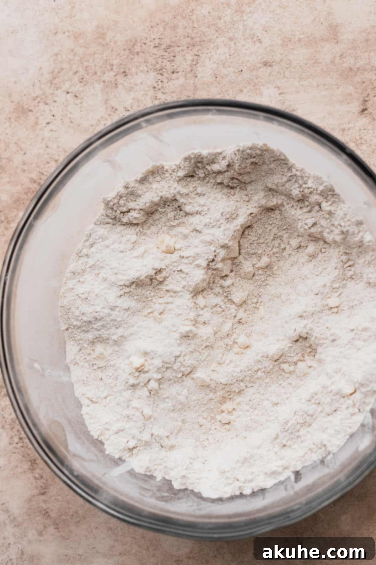 Banana Bread Scones 4 Dry ingredients perfectly mixed in a glass bowl.