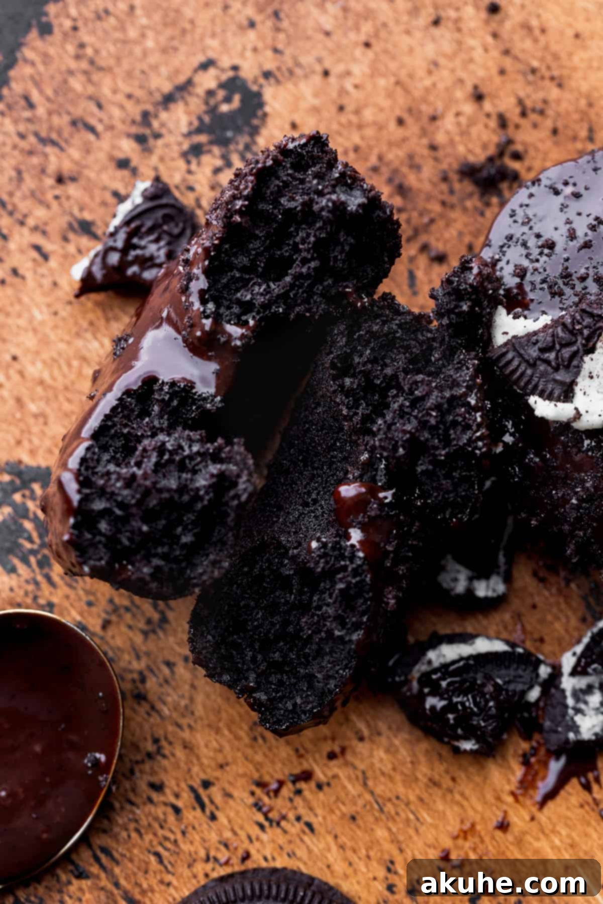 Cookies and Cream Doughnuts 9 One Oreo donut expertly split in half, revealing its moist interior and Oreo crumbs.