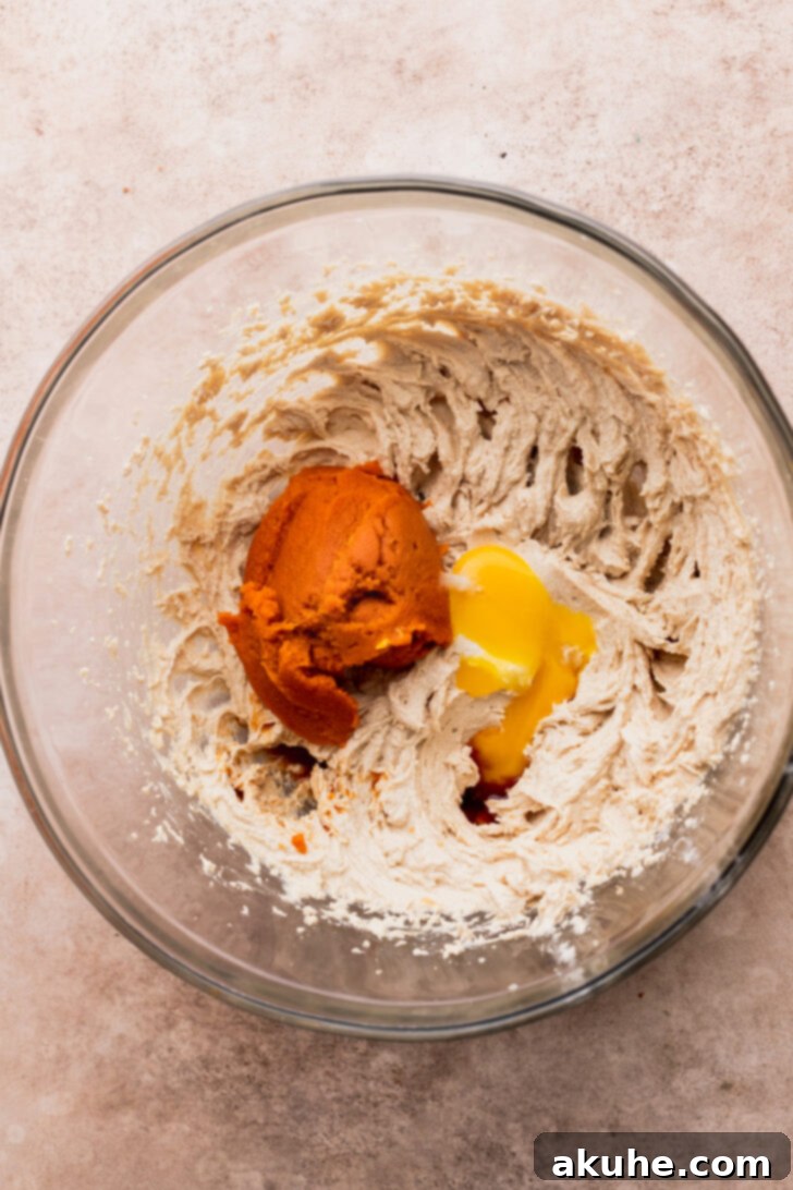 Harvest Pumpkin Spice Cookies 4 Pumpkin puree on top of whipped butter and sugar mixture in a bowl, showing a dry, thick consistency after blotting.