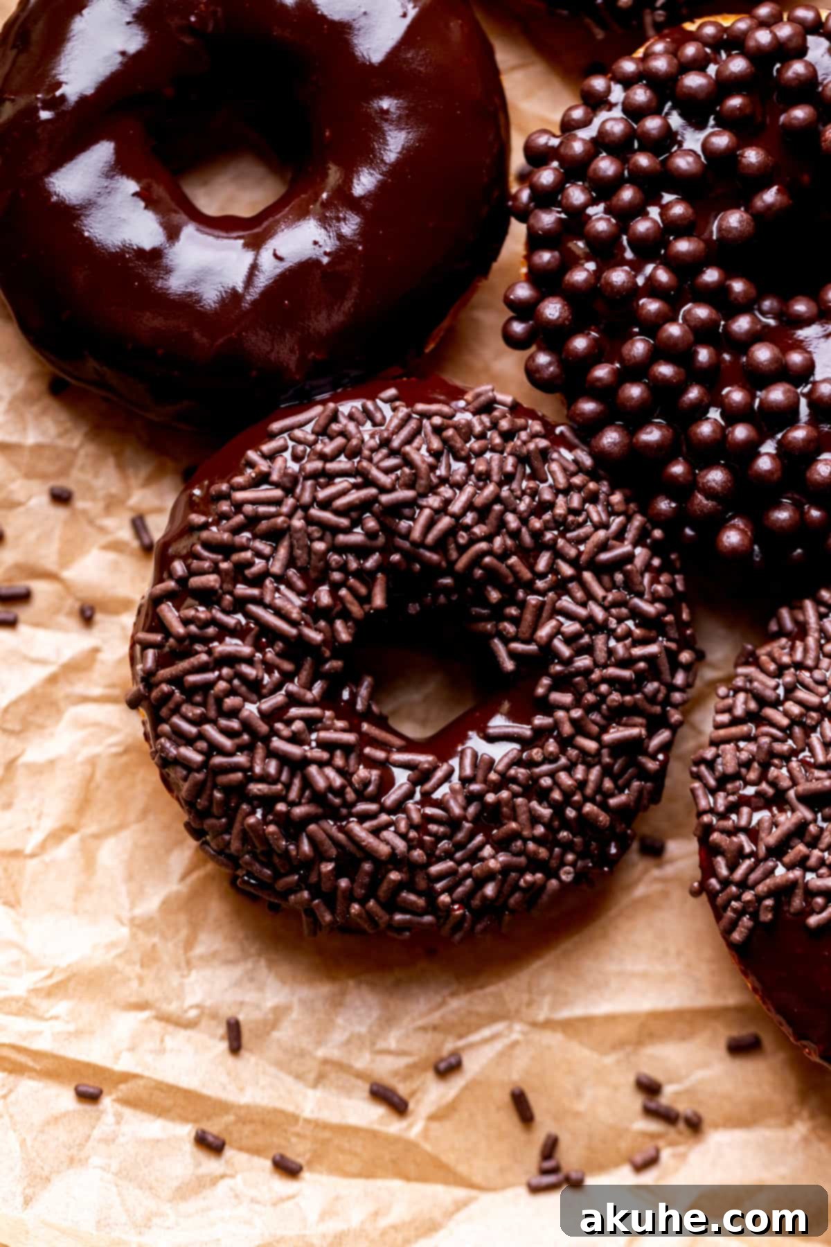 Decadent Chocolate Donut Delights 3 Top view of a freshly baked donut, generously covered in vibrant sprinkles, ready to be enjoyed.
