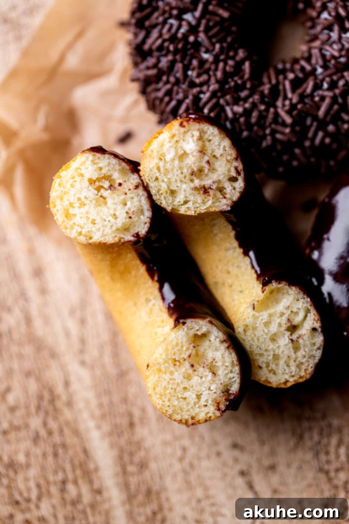 Decadent Chocolate Donut Delights 9 A freshly baked chocolate glazed donut, cut in half to reveal its fluffy, tender interior.