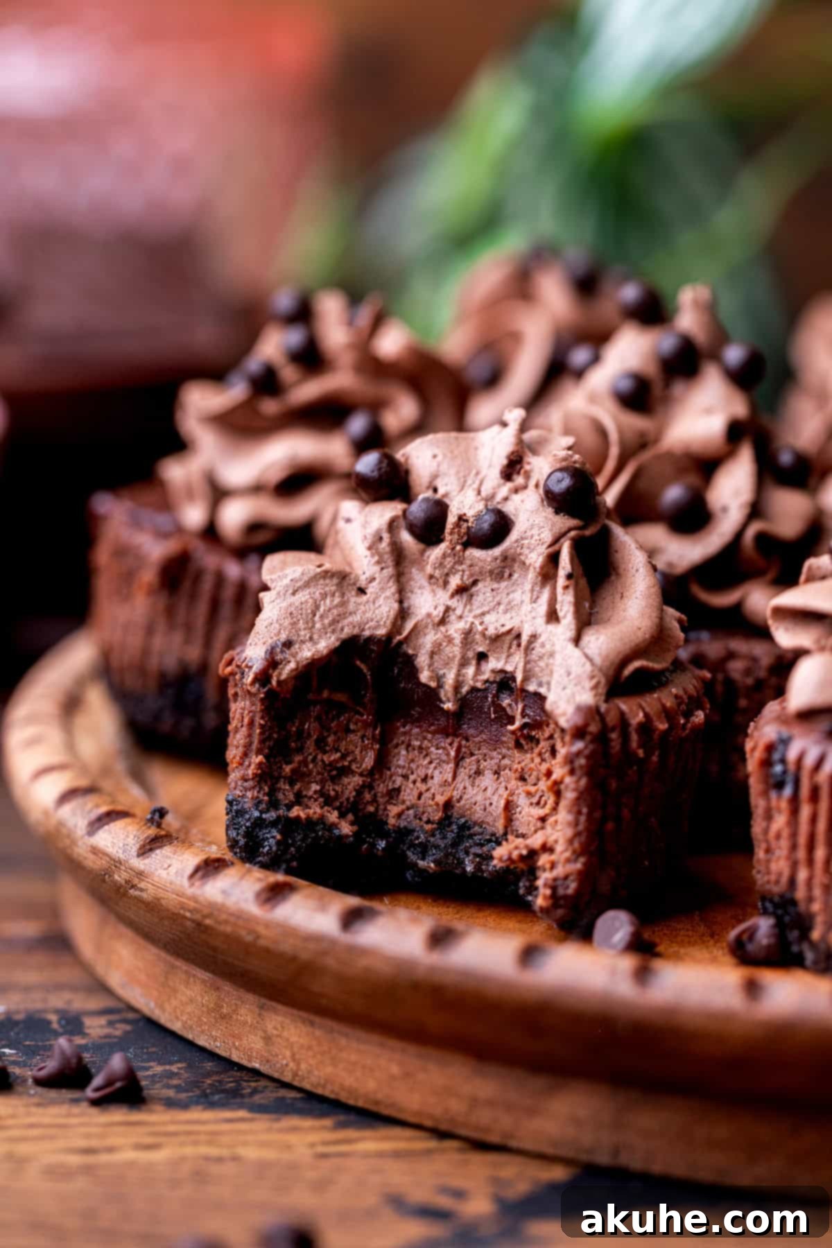 Bite-Sized Chocolate Cheesecakes 2 A perfectly baked mini chocolate cheesecake with a bite missing, showcasing its creamy layers and rich chocolate ganache and whipped cream topping.