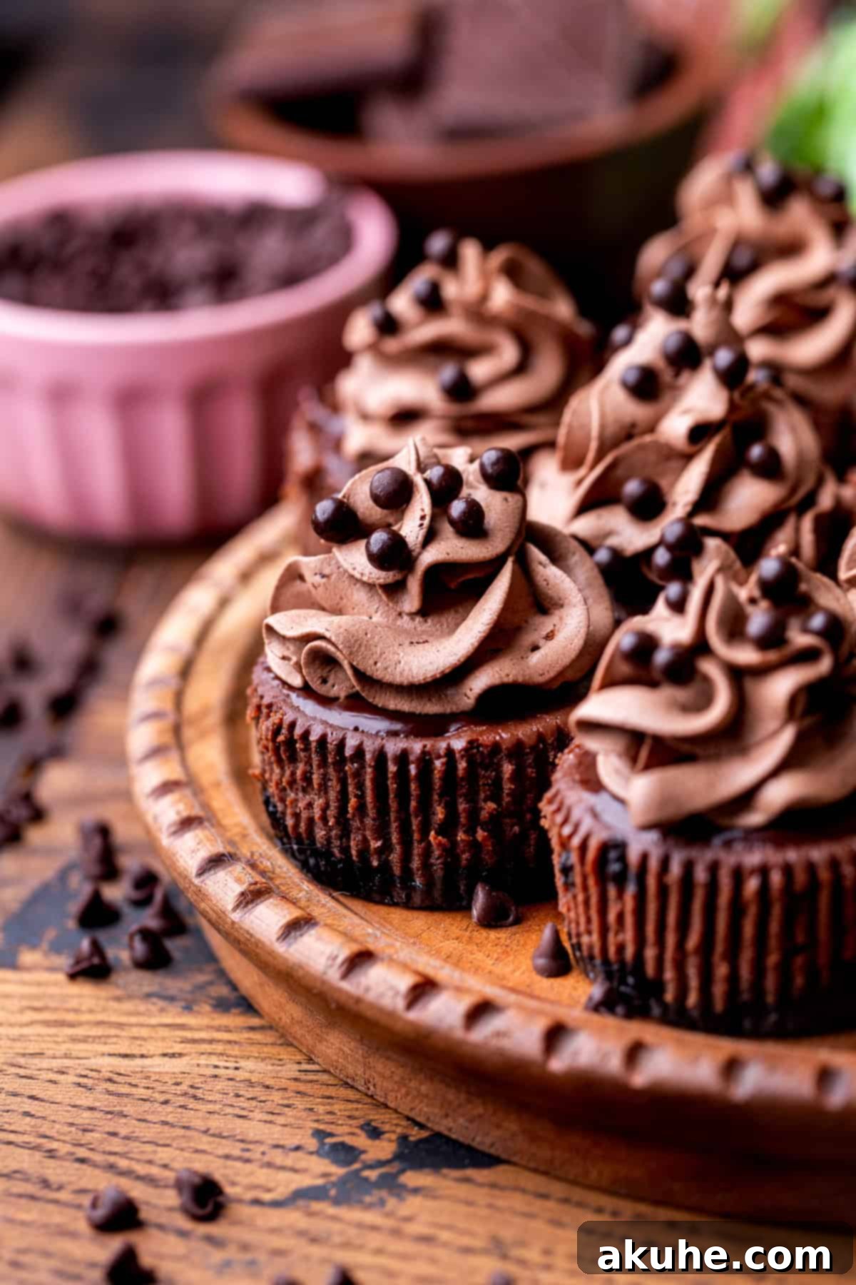Bite-Sized Chocolate Cheesecakes 3 Side view showcasing the layered perfection of mini chocolate cheesecakes with their rich Oreo crust, creamy filling, and elegant toppings.