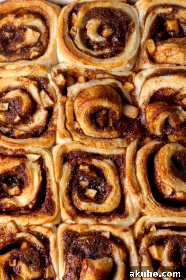 Homemade Apple Cinnamon Rolls 8 Baked apple cinnamon rolls in a pan, golden brown and perfectly puffed.