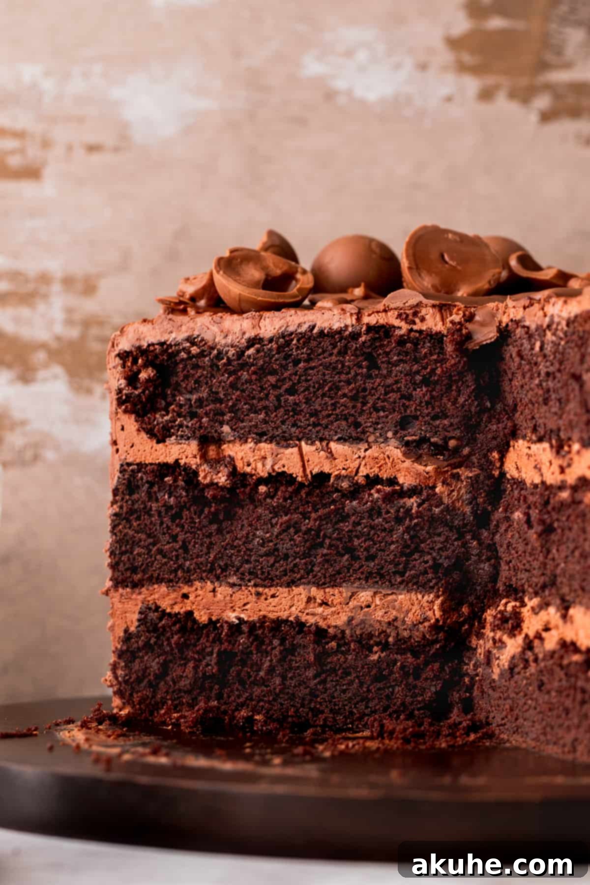 Close-up view of the irresistible chocolate truffle cake, revealing its moist crumb, rich, dark layers, and swirled frosting texture.