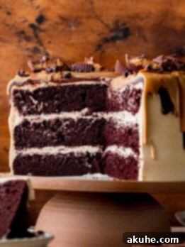 Decadent Peanut Butter Chocolate Cake 11 Cut open chocolate peanut butter cake.