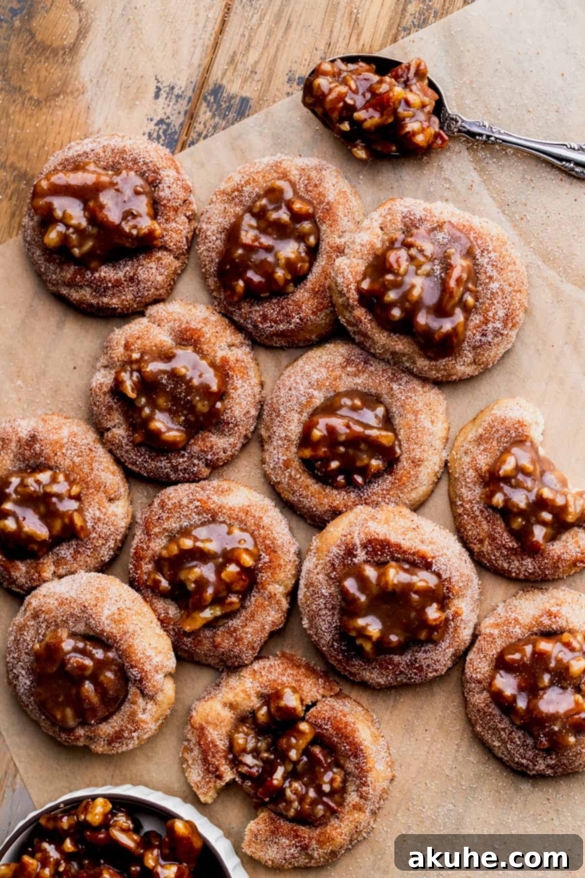 Southern Pecan Pie Cookies 11 Top view of pecan pie cookies filled with luscious pecan pie filling, showcasing their inviting appearance.