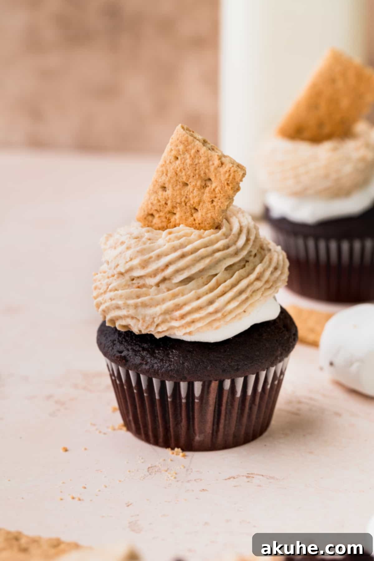 A single beautifully decorated s'mores cupcake, topped with a piece of graham cracker, highlighting its exquisite presentation.