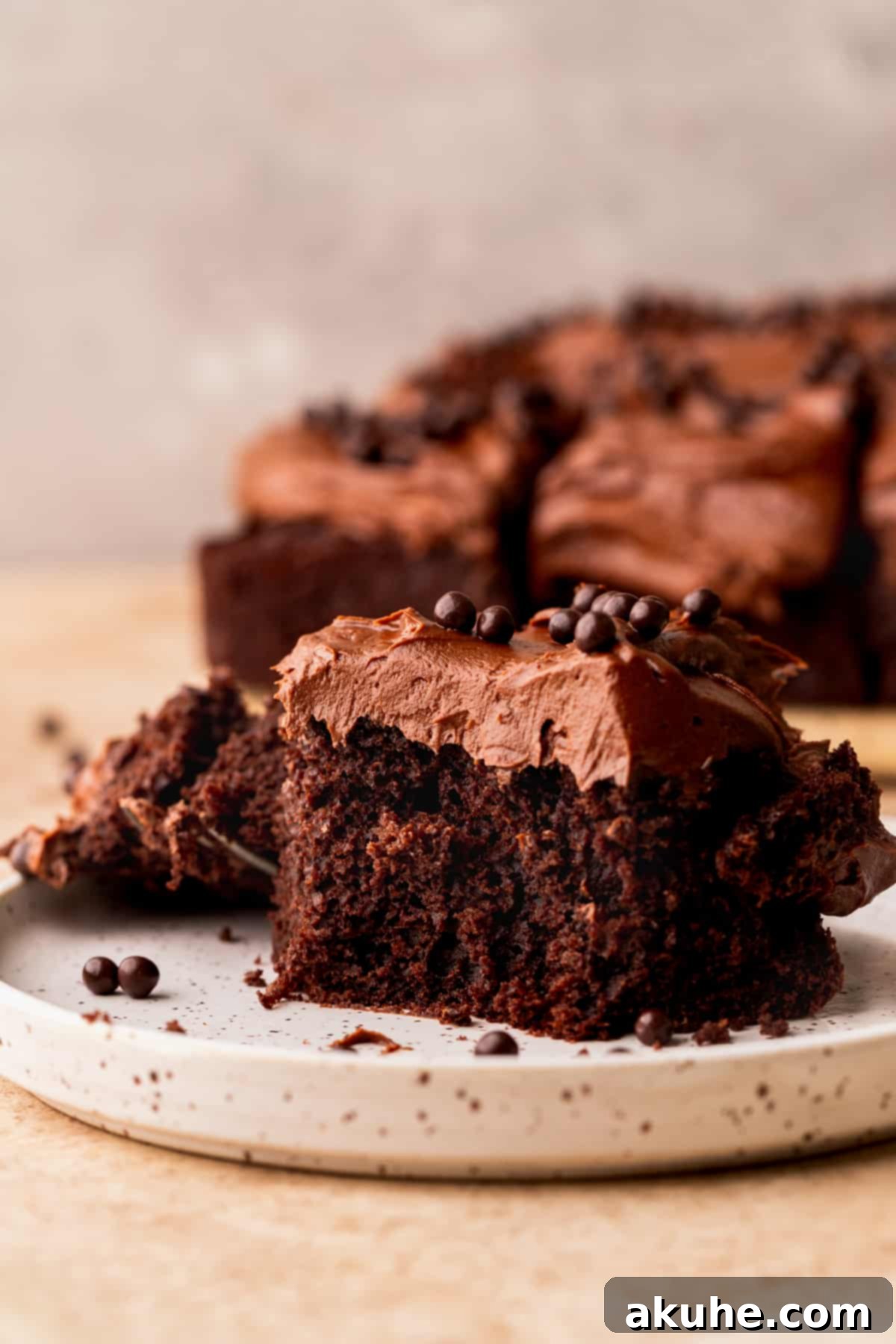 Velvet Chocolate Ganache Torte 9 A perfectly portioned slice of chocolate ganache cake on a white plate, ready to be enjoyed.