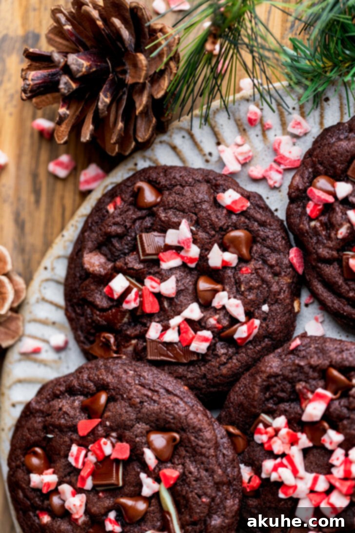 Close up plate of rich chocolate peppermint cookies, showcasing their inviting texture and toppings.