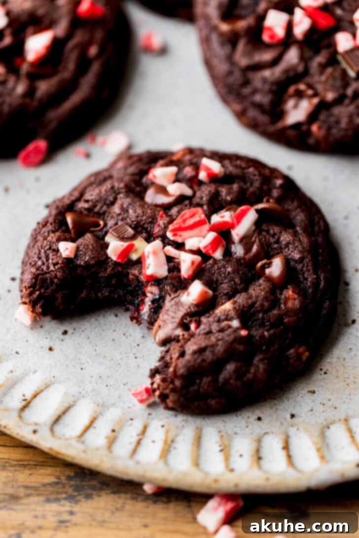 A chocolate peppermint cookie with a bite taken out, revealing its soft, chewy interior and melty chips.