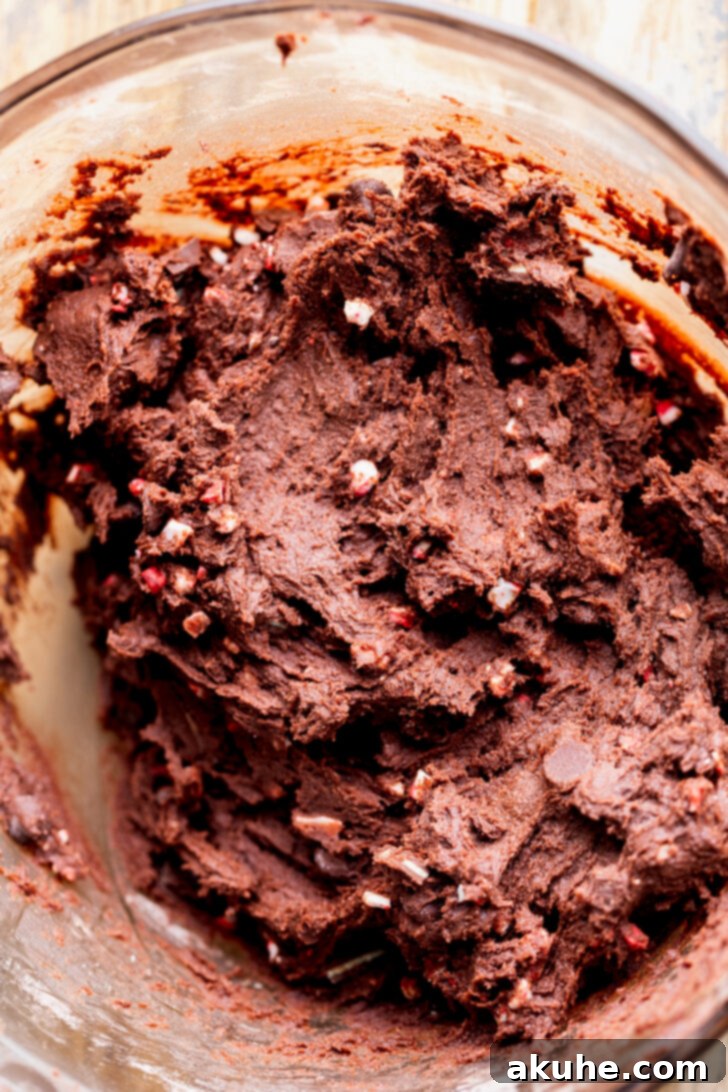Thick chocolate cookie dough in a large mixing bowl, ready for chilling.