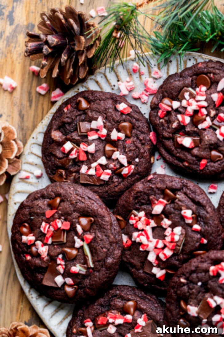 A beautifully arranged plate of freshly baked chocolate peppermint cookies, adorned with melty mints and chocolate chips.