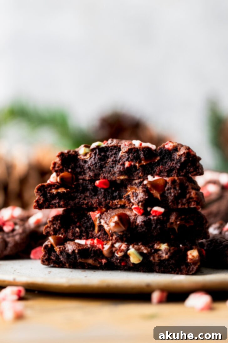 A stack of two chocolate peppermint cookies, split in half to reveal their moist, chewy texture and abundance of mint and chocolate pieces.