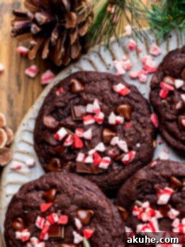 Close up plate of chocolate peppermint cookies.