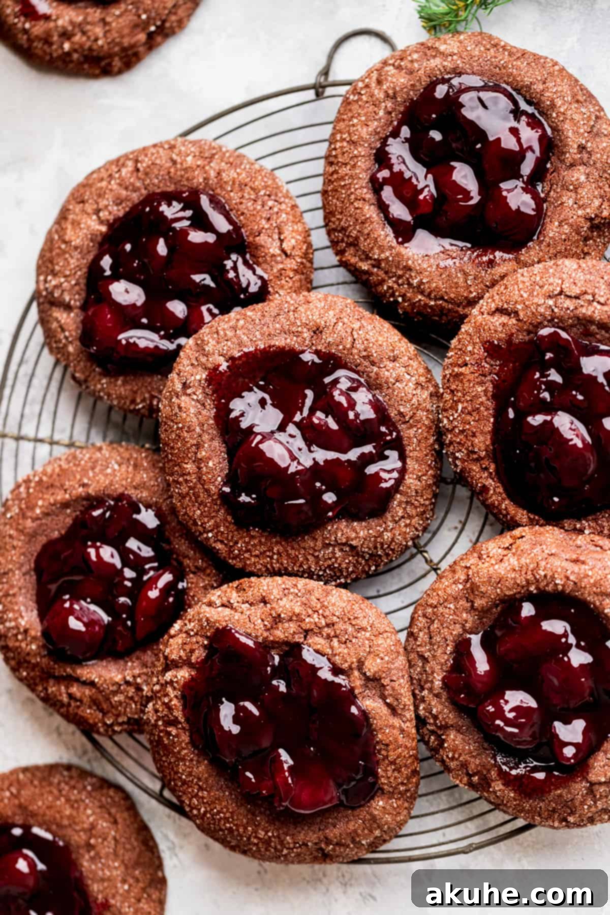 Decadent Chocolate Cherry Cookies 2 Freshly baked Chocolate Cherry Cookies cooling on a wire rack.