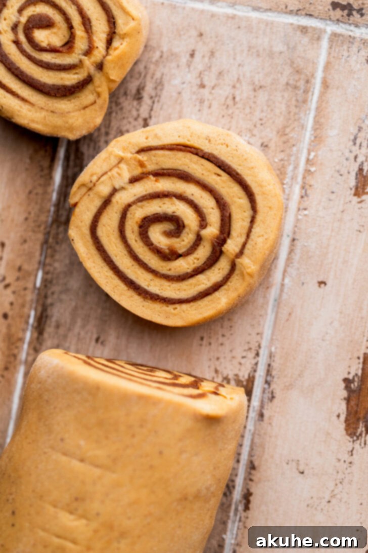 Spiced Gingerbread Swirl Buns 7 A freshly cut gingerbread cinnamon roll, showing its distinct layers and ready for the final rise.