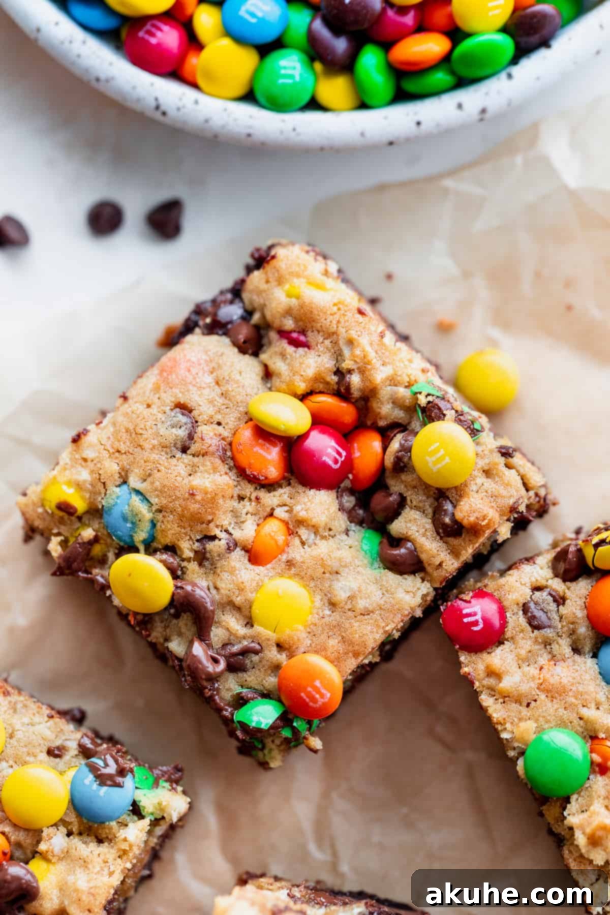Fudgy Monster Cookie Brownies 7 An inviting top-down view of a pan full of freshly baked Monster Cookie Fudgy Brownies, showcasing their vibrant toppings and perfectly set layers.