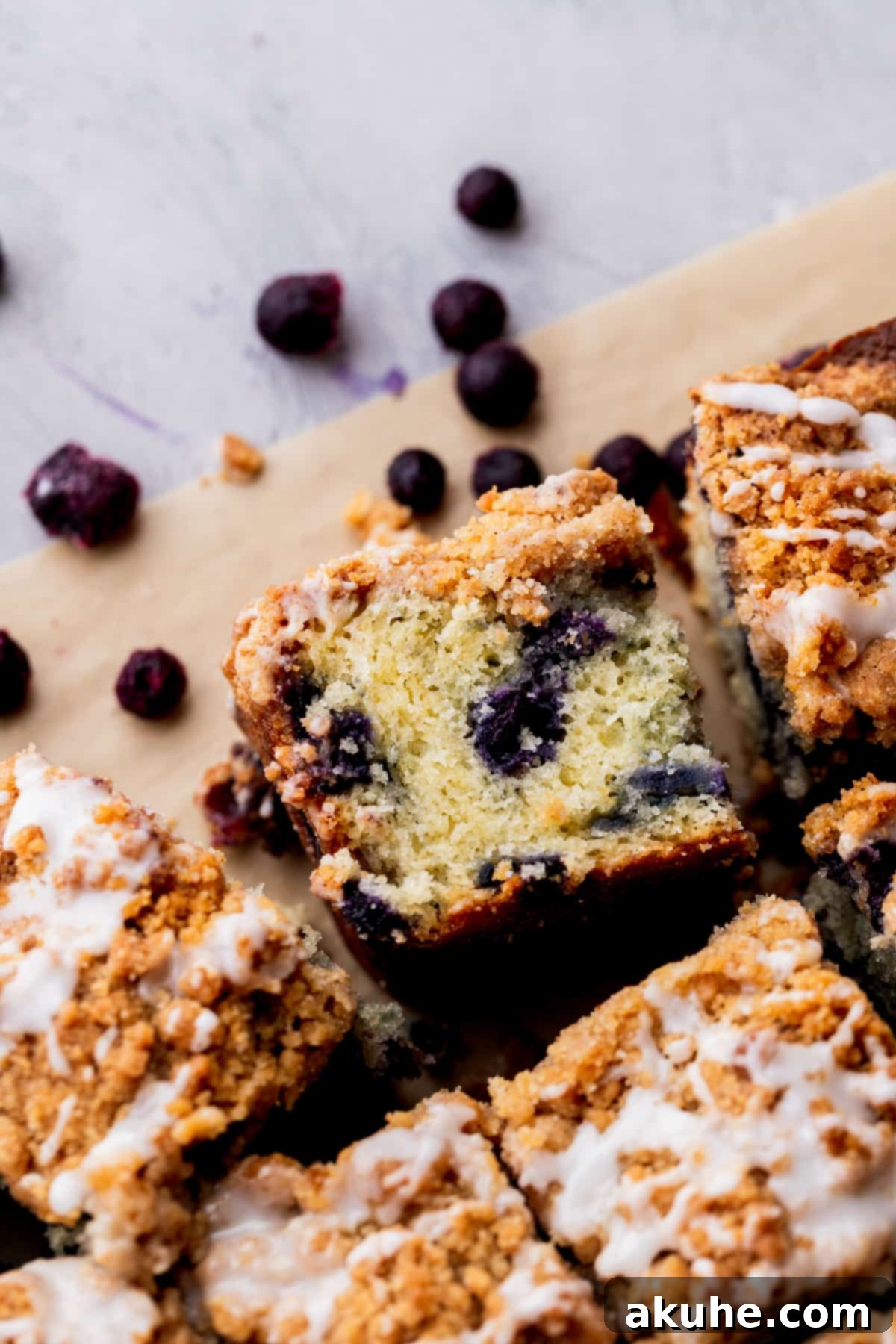 Morning Bliss Blueberry Coffee Cake 11 One piece of coffee cake on its side.