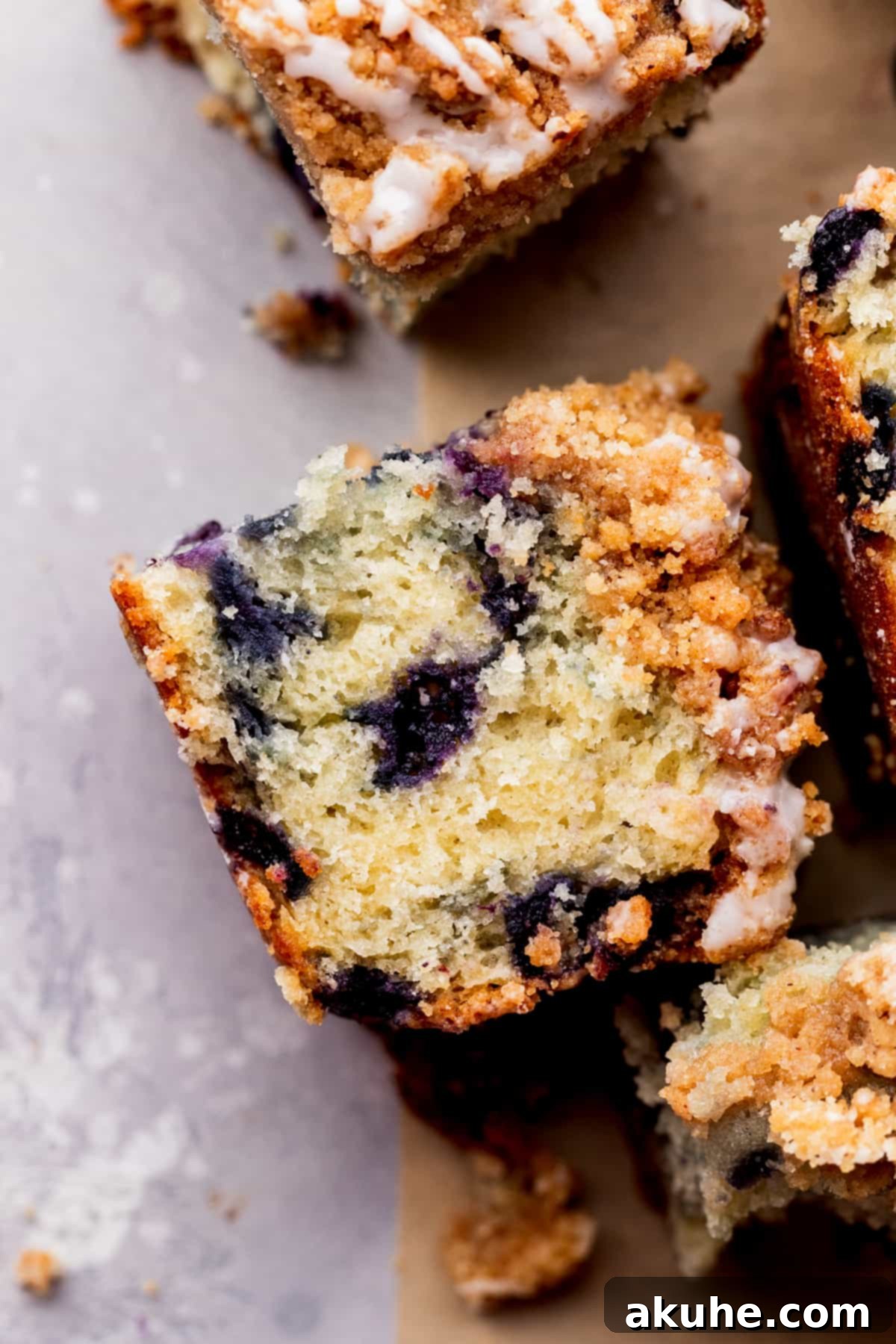 Morning Bliss Blueberry Coffee Cake 3 Close up of coffee cake slice.
