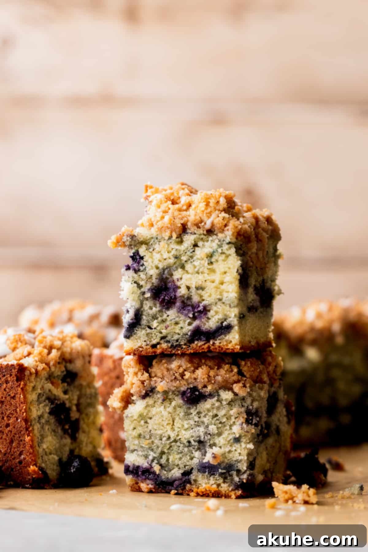 Morning Bliss Blueberry Coffee Cake 10 Stack of 2 blueberry coffee cake slices.