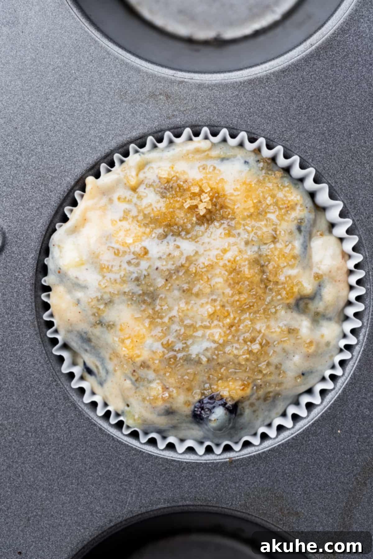 Irresistible Banana Blueberry Muffins 7 Muffin batter neatly scooped into a muffin pan, with some cups empty to promote higher domes, topped with extra blueberries and coarse sugar.