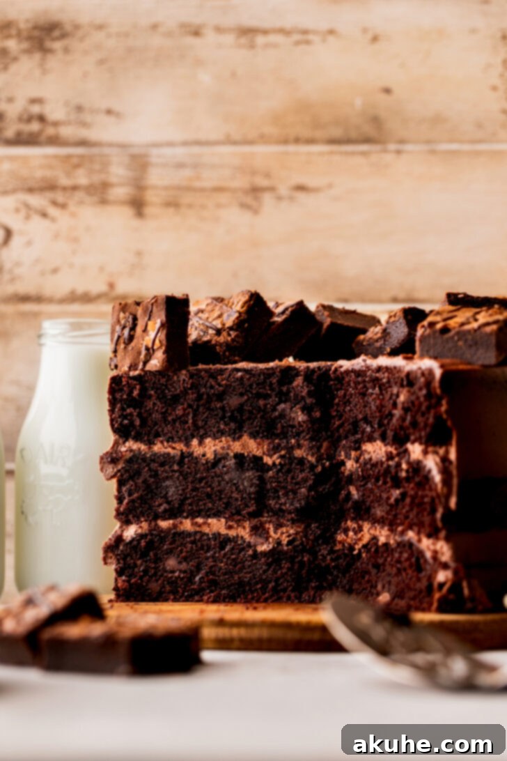 Fudgy Brownie Cake 12 A stunning cross-section of the brownie cake, displaying the distinct layers of moist chocolate cake and fudgy brownie, ready to be served