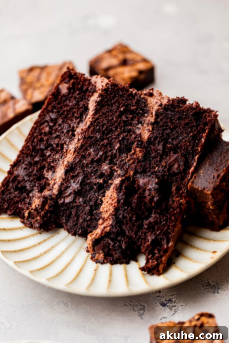 Fudgy Brownie Cake 3 A perfectly plated slice of the moist brownie cake, showcasing its rich chocolate layers and creamy frosting