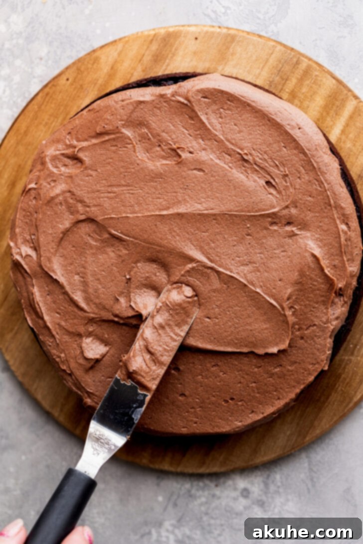 Fudgy Brownie Cake 10 A generous layer of creamy chocolate frosting spread evenly over a chocolate cake layer