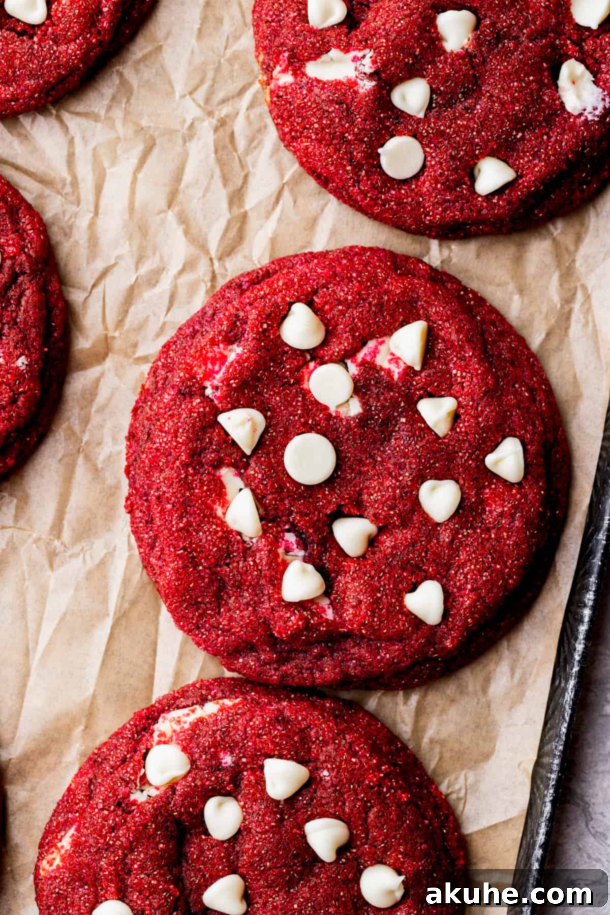 Decadent Red Velvet Cookies 2 Freshly baked red velvet cookies adorned with white chocolate on a parchment-lined cookie sheet.