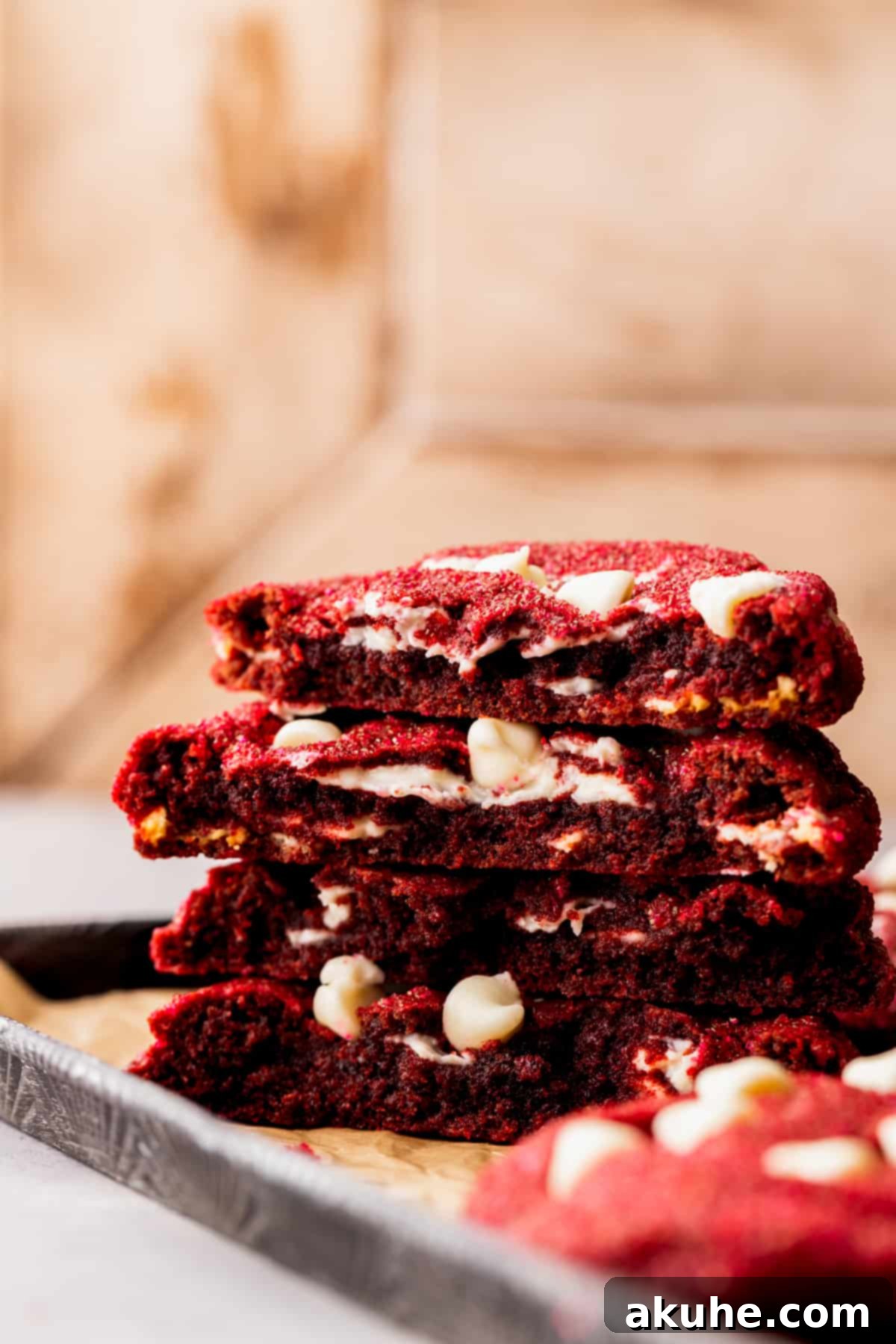 Decadent Red Velvet Cookies 3 A close-up of two red velvet cookies, split in half to reveal melted white chocolate chunks inside, resting on a baking sheet.