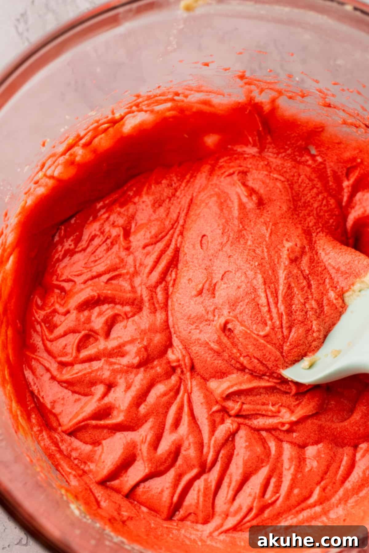 Decadent Red Velvet Cookies 4 A mixing bowl with vibrant red wet ingredients, perfectly blended.