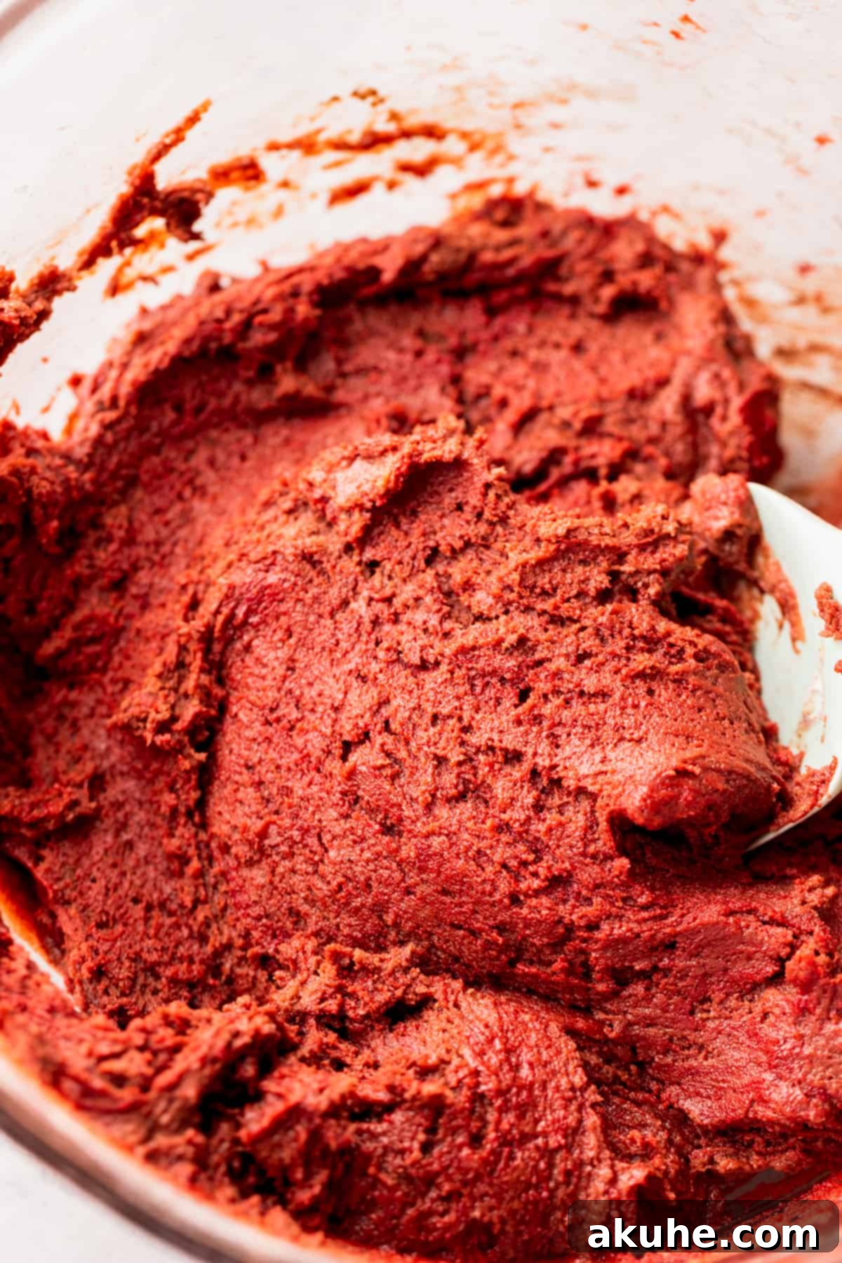 Decadent Red Velvet Cookies 5 A close-up of thick, red velvet cookie dough in a clear glass bowl, showcasing its rich color.
