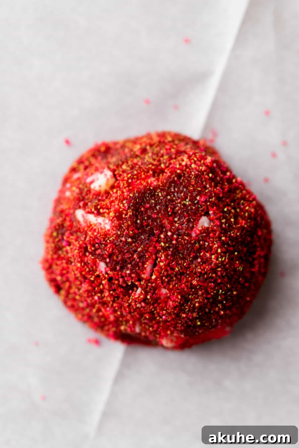 Decadent Red Velvet Cookies 7 A single red velvet cookie dough ball, perfectly coated in sparkling red decorating sugar.