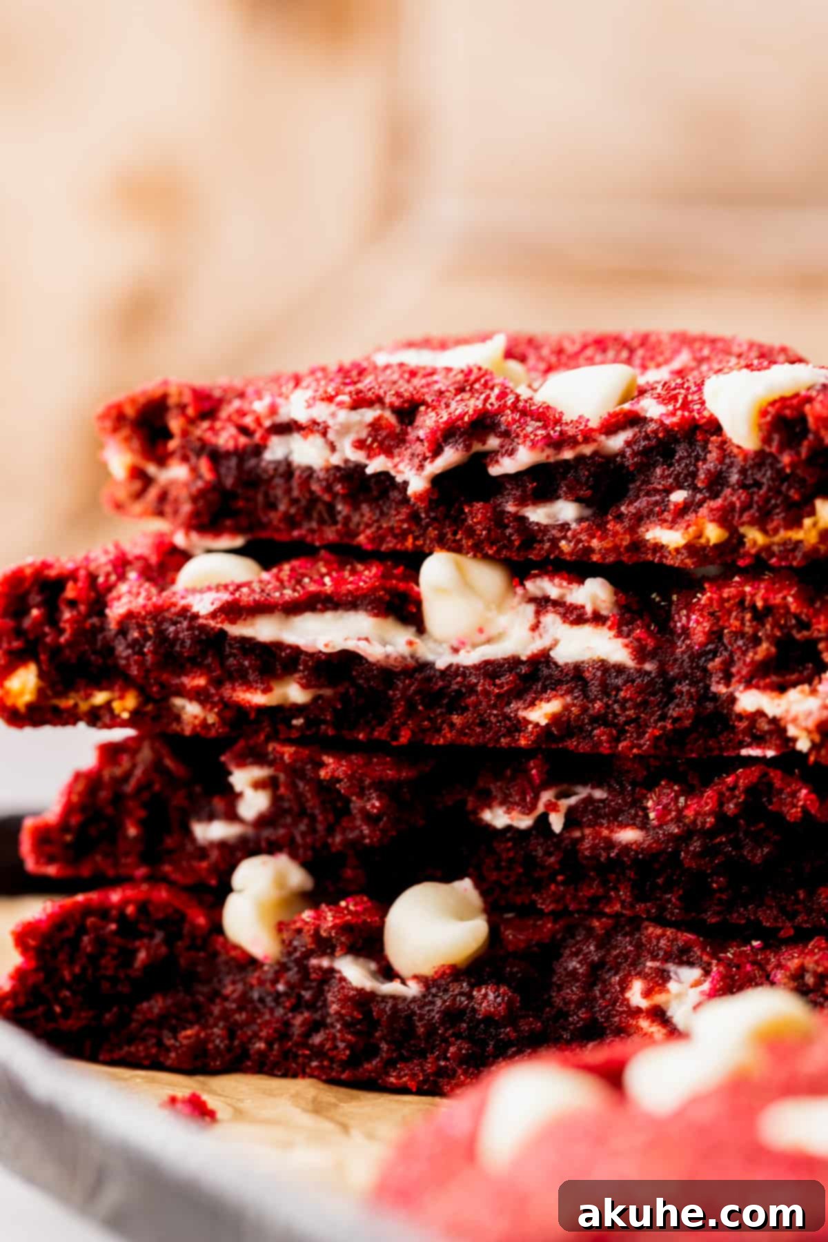 Decadent Red Velvet Cookies 8 A delightful close-up shot of a stack of chewy red velvet cookies, showing their soft centers and white chocolate chunks.
